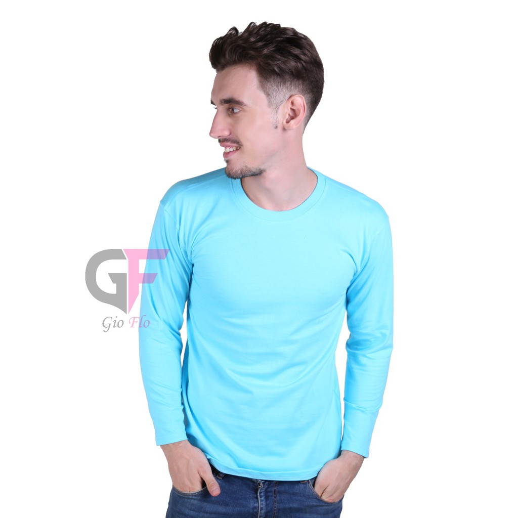 GIOFLO Baju Casual Pria Kaos Panjang Polos Depan Belakang Biru Bubble / PLS 188