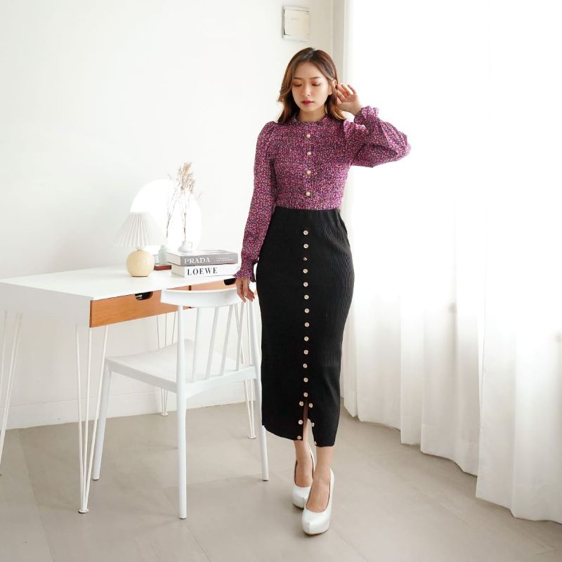 Smocked Midi Set A1684# Set Wanita Import