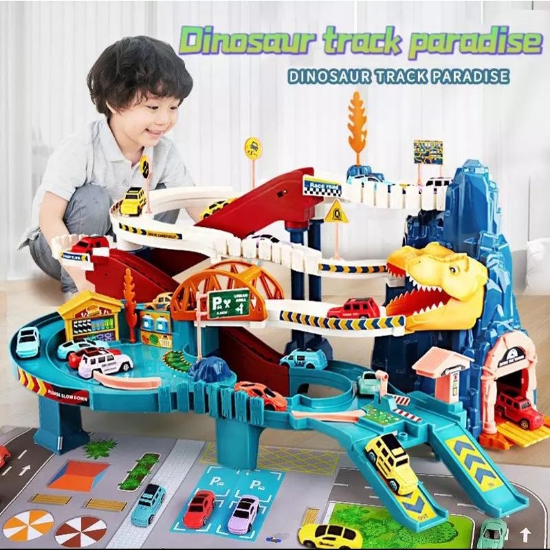 [Capt] Mainan Anak Rel Mobil Bukit Terowongan Dino - Dino Rail Car Compatible with Parking Lot