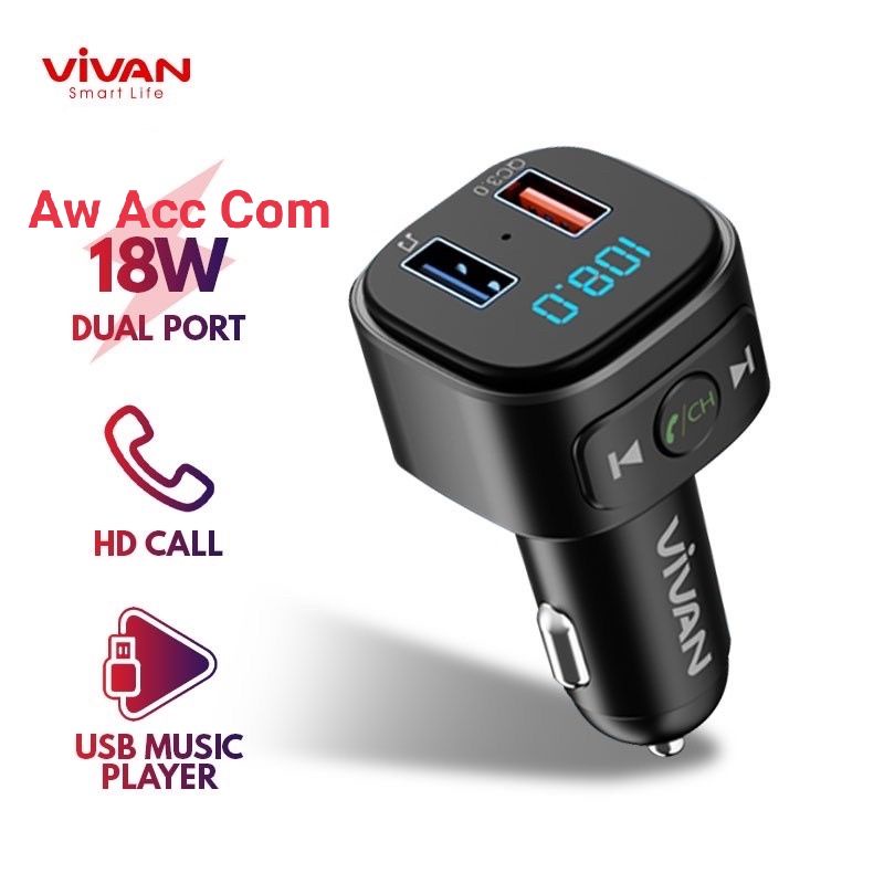 Vivan bt.01 Smart Bluetooth audio Transmitter With Car Charger Mobil Dual Port Usb 18W LED Digital