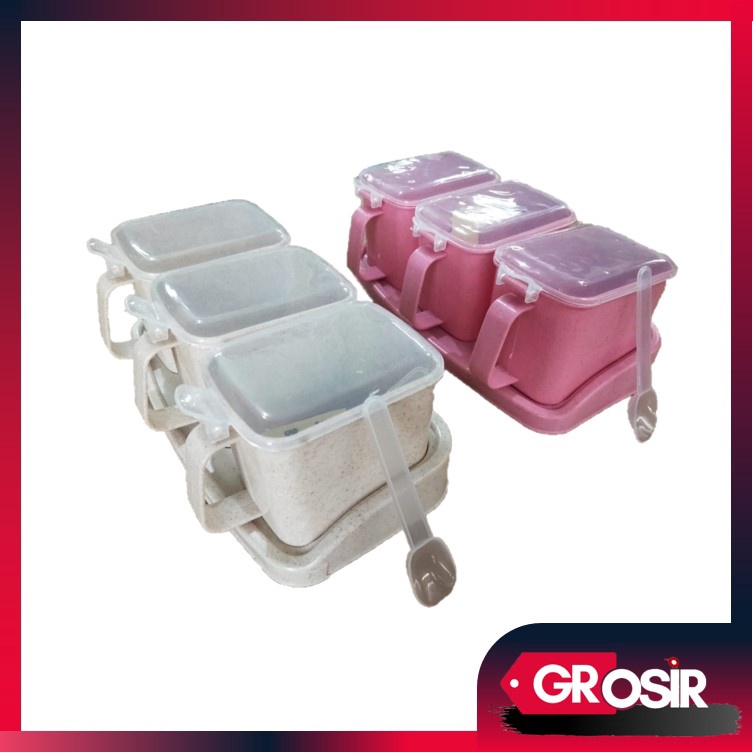 Grosir - H769 (SEDIKIT RETAK) Kotak Penyimpanan Garam Gula / Wadah Bumbu 3 in 1 / Rak Bumbu