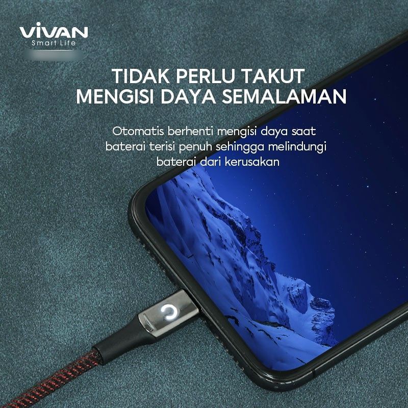 Kabel Data Usb Type C 3A Max LED Fast Charge Smart Power Cable By Vivan[V-ZC]