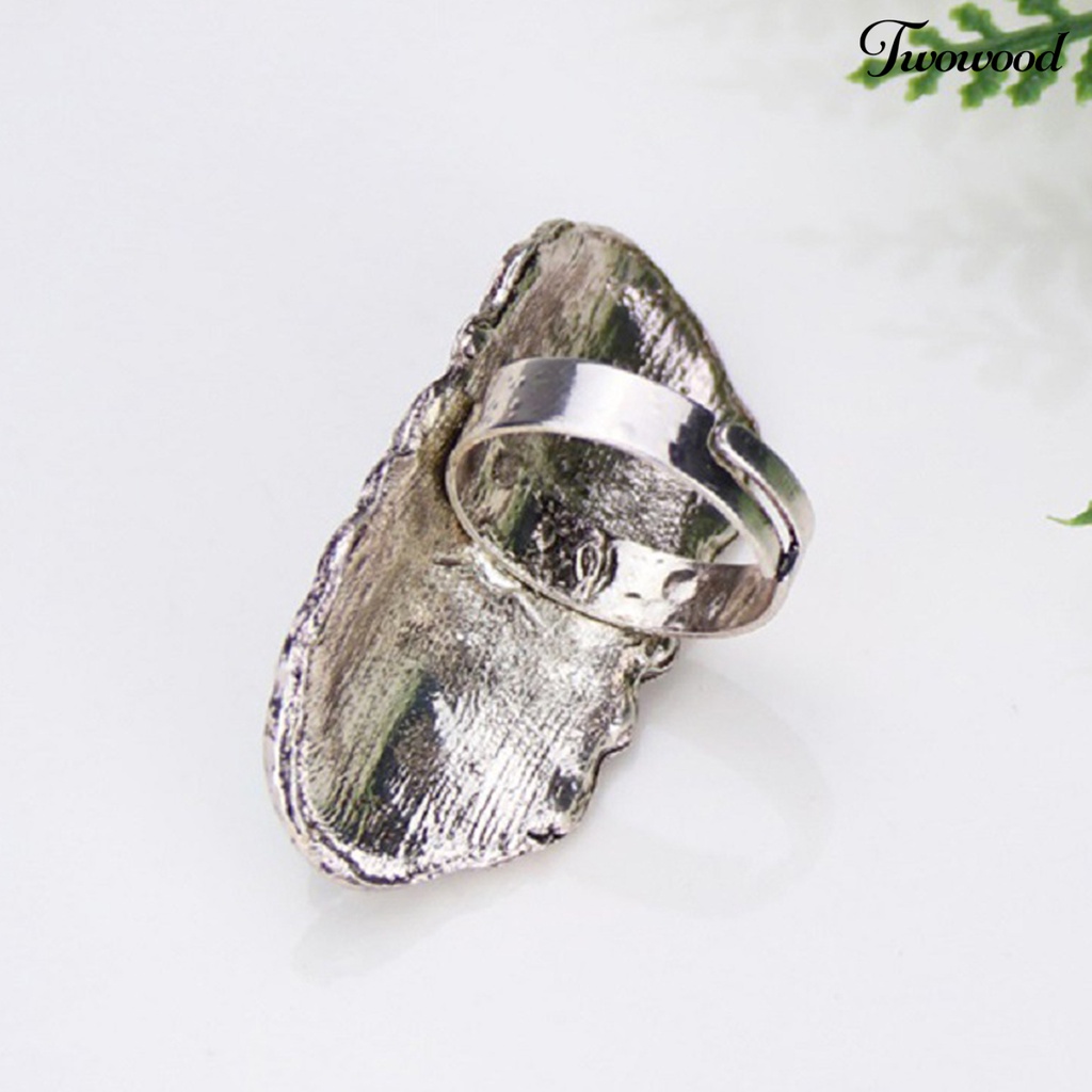 Twowood Stone Rings Bohemian Style Adjustable Green Stone Carved Flower Oval Opening Ring for Party