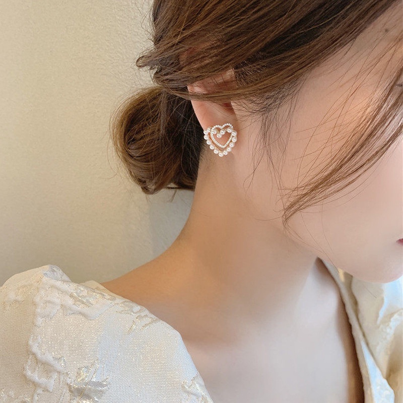 Anting Tusuk Gantung Desain Hati Ganda Hias Mutiara Gaya Retromewah Untuk Wanita