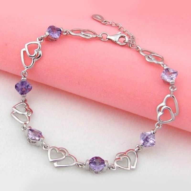 Gelang Bahan Stainless Steel Lapis Silver Desain Hati Ganda Gaya Korea Untuk Wanita