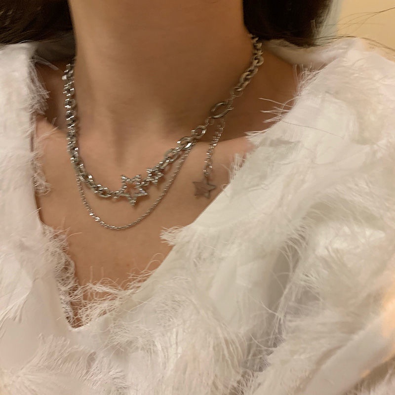 Merasakan Bintang Double Layer Kalung Perempuan Gaya Keren ins Hip-Hop Pendek Rantai Klavikula Trendi Berkelas Chain Necklace