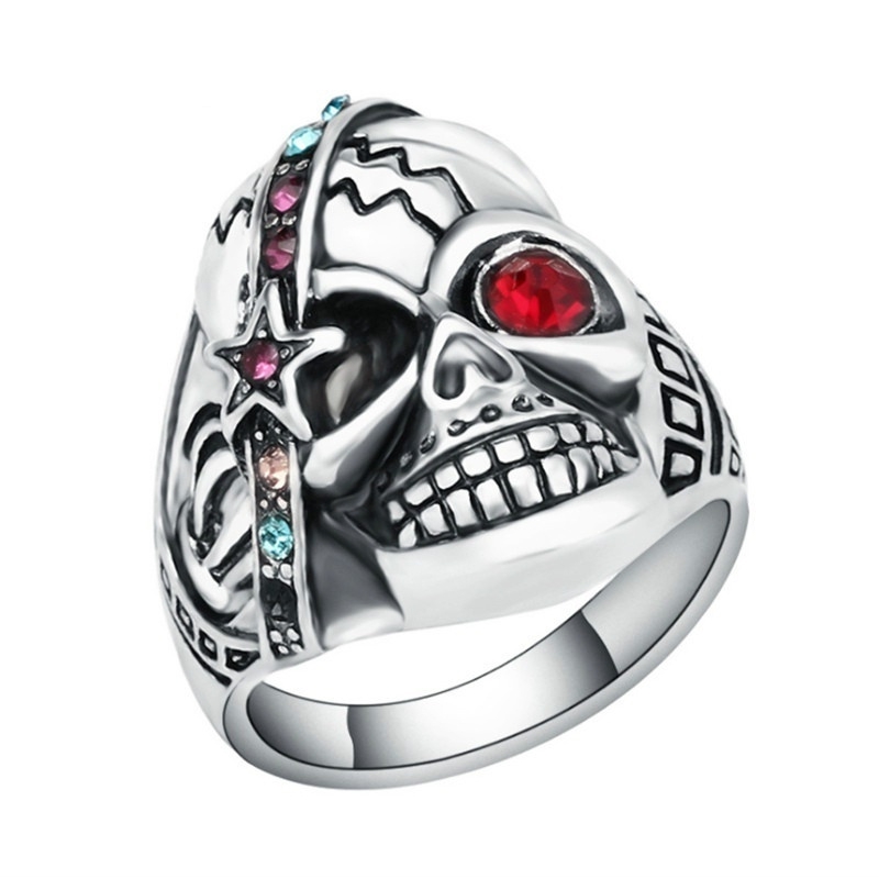 Perhiasan Cincin Retro Punk Desain Tengkorak Mata Merah Bahan Baja Untuk Wanita