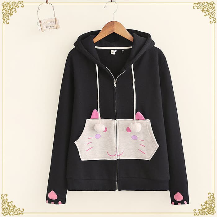 Jual Jaket Wanita Cat Hoodie With Pocket Kucing Lucu Japan Korean Style - Hitam, M Murah