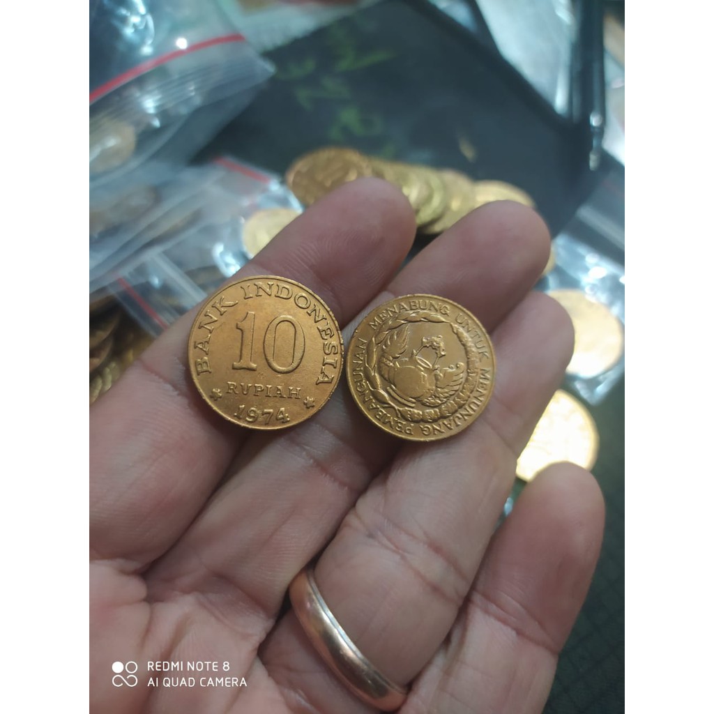 A677 per 1 keping koin kuno 10 rupiah tahun 1974 sudah dibersihkan siap pake mahar