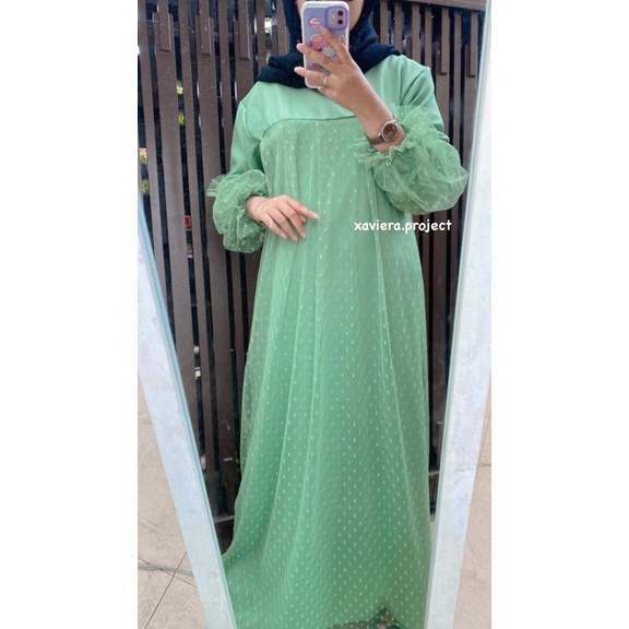 BEST SELLER- Hanabi Dress Mosscrepe Mix Tille Dot JUMBO / BAJU DEWASA MURAH TERBARU 2021 / Gamis Kondangan