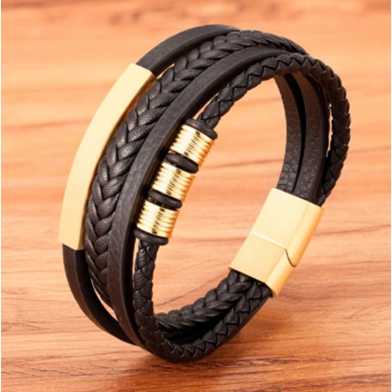 Gelang Kulit Multilayer Bahan Stainless Steel Gaya Klasik Untuk Pria