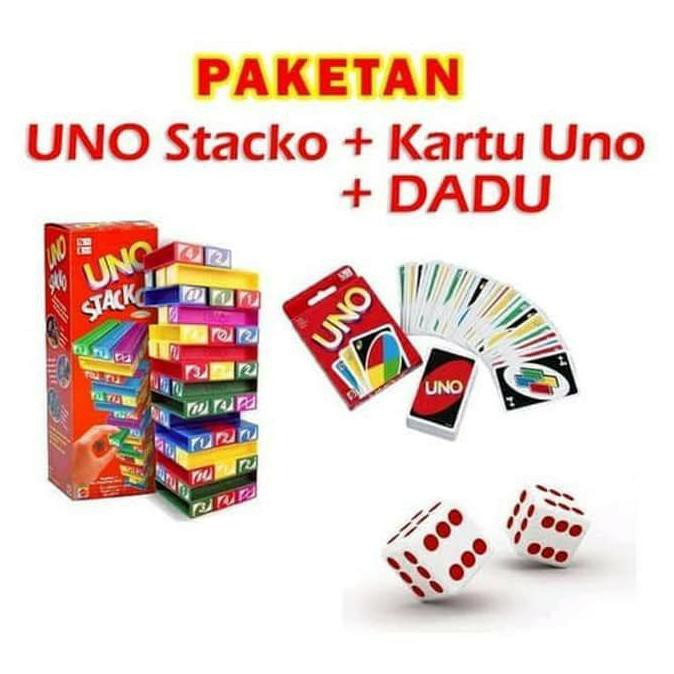 Paket UNO Stacko + Kartu / Card + Dadu / Dice Mainan Balok Seru TERBARU