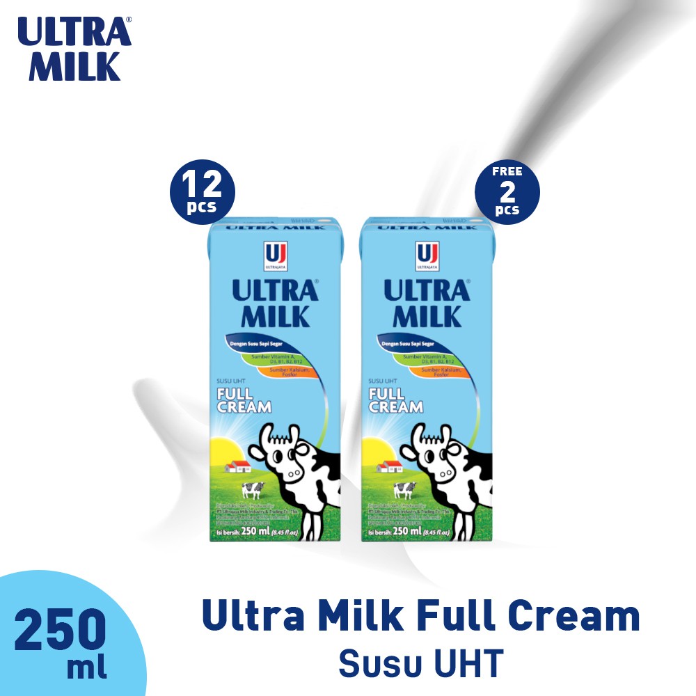 

Paket Ultra Milk Full Cream 250 ml 1/2 karton(12pcs) Free 2pcs Ultra Milk 250 ml