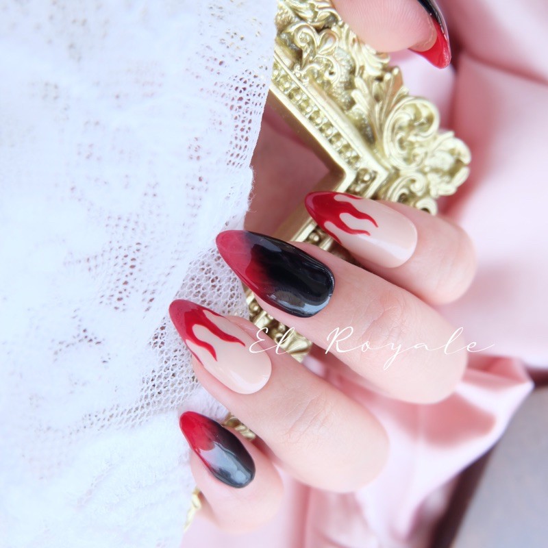 Custom Kuku Palsu RED FIRE FLAME BLACK - API MERAH HITAM / Fake Nails / Press on