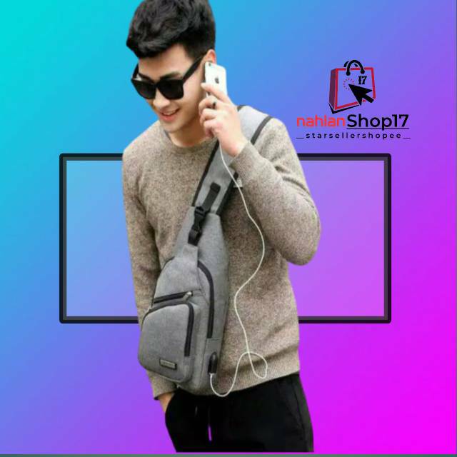 TAS SELEMPANG KANVAS  + USB CHARGER PORT SLING BAG GADGET