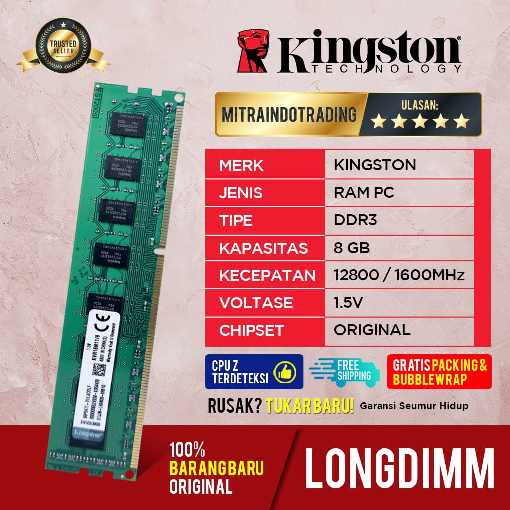 RAM KINGSTON LONGDIMM DDR3 8GB PC12800 BERGARANSI