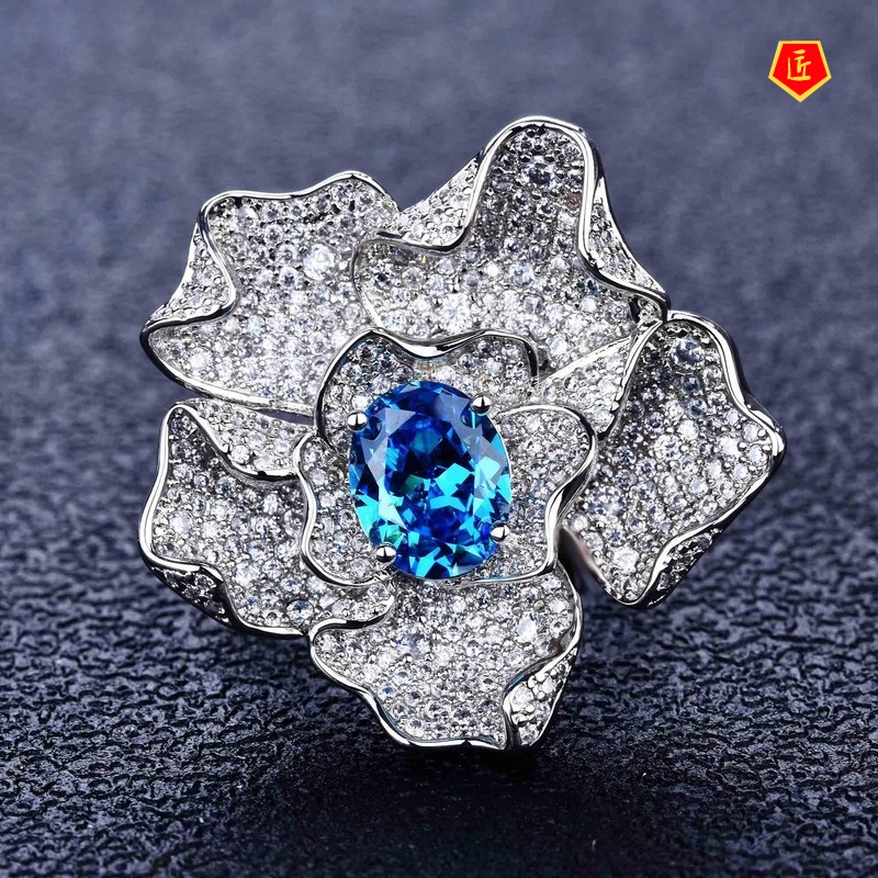 [Ready Stock]Luxury Full Diamond Sapphire Topaz Flower Ring