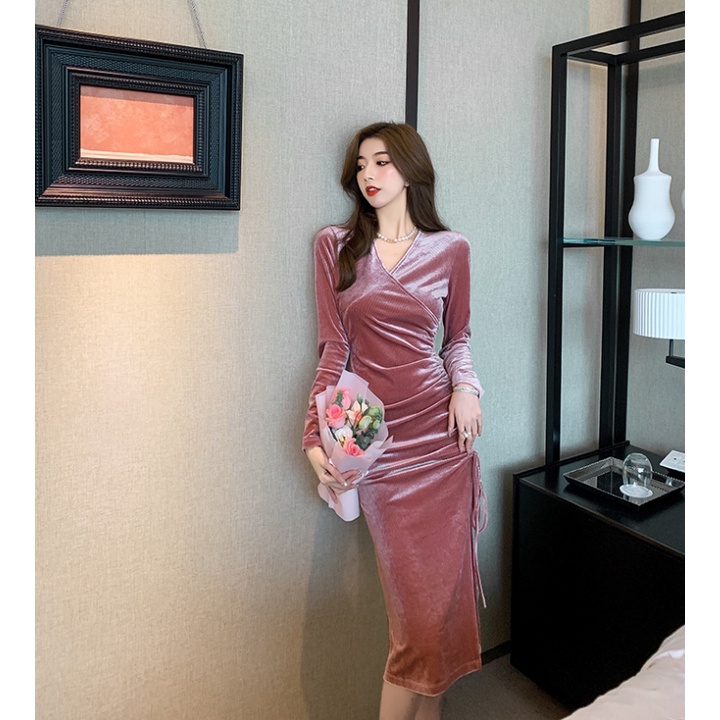 Velvet Midi Dress Wanita Wanita Tali Serut 1351 (S/M/L)