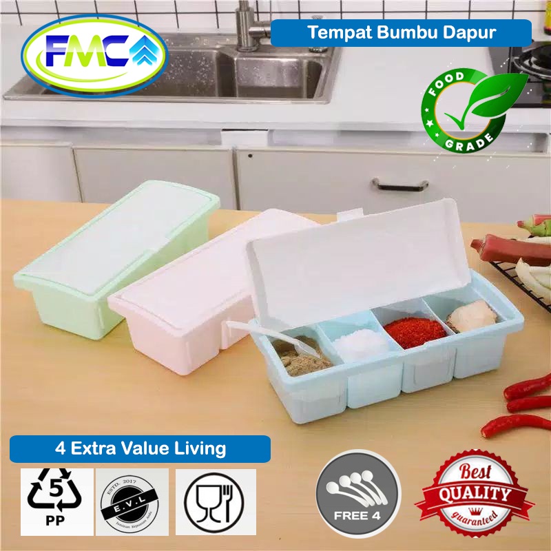 Tempat Bumbu Dapur Set 4 Sekat Anti Pecah Besar Gratis Sendok Takaran Murah Praktis Kotak Bumbu Plastik