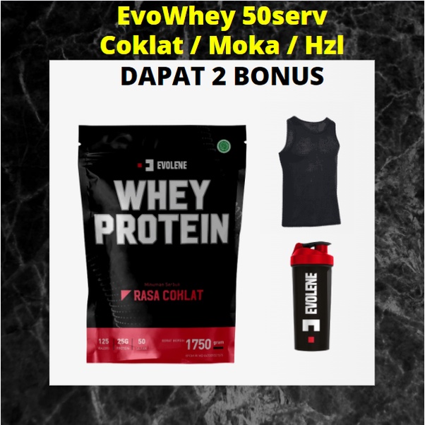 EVO WHEY 50 SERVING / 1,75KG EVOLENE EVOWHEY EVOLENEWHEY SUPLEMEN PROTEIN BPOM HALAL COKLAT HAZELNUT MOKA MOKKA MOCA MOCCA SUSU WHEY EVOLIN EVOLINE