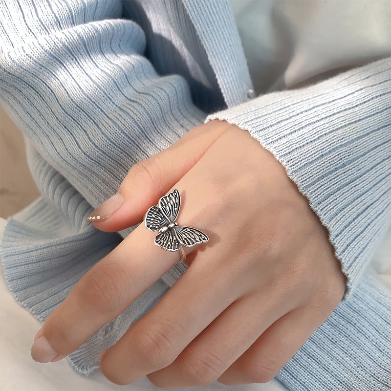 Cincin Jari Telunjuk Model Terbuka Desain Kupu-Kupu Bahan 925 Sterling Silver Gaya Retro Korea Untuk Wanita