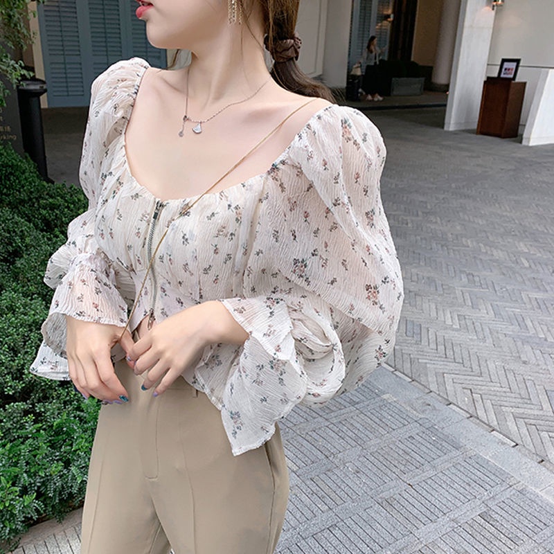 Shifon blus puff lengan tipis off-shoulder square collar floral chiffon shirt wanita kemeja pe