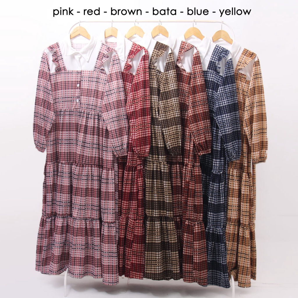 Gamis busui model overal motif kotak kecil tali pinggang bahan voxy premium merk HF (173)