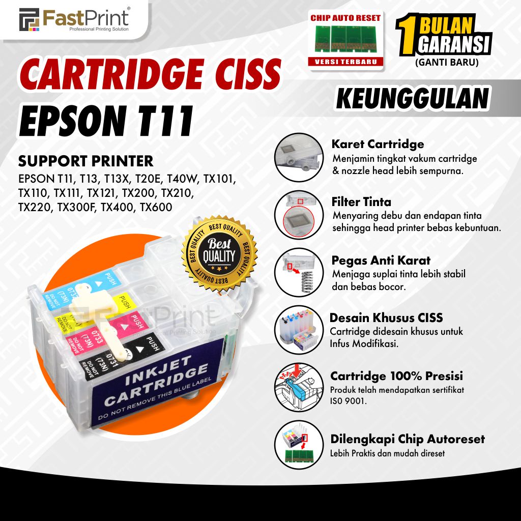 Cartridge CISS Infus Modif Epson T11 T13 T13X T20E TX101 TX110 TX111 TX121 TX210 TX200 TX220 TX300F TX400 TX600 T40W Kode 73NR