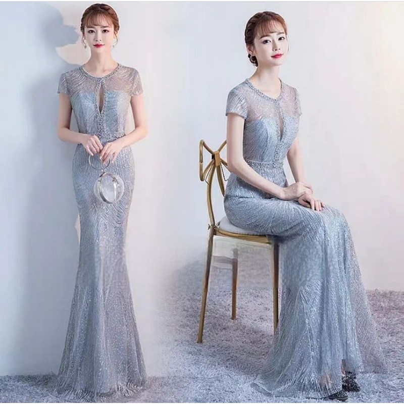 dress silver glitter dress swarovski gown dress manik gown dress sequin gown gaun panjang long gown 