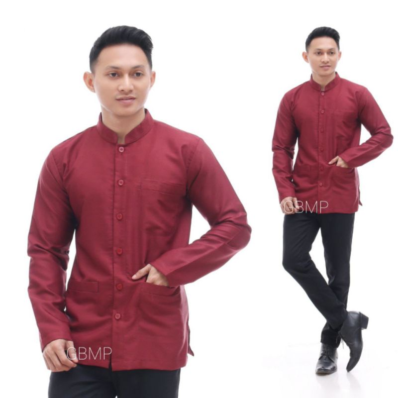 Baju Koko polos lengan panjang dewasa tiga saku kurta baju muslim pria bahan toyobo M.l.xl