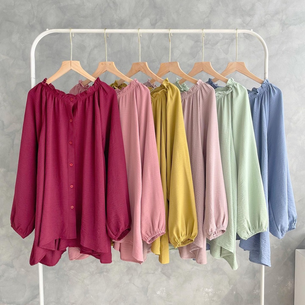 Sachi Blouse Atasan Kemeja Katun Crinkle Polos Oversize Lengan Balon Busui Jumbo Wanita