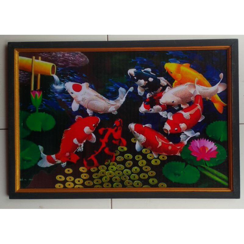 lukisan cetak ikan koi dan pancuran air bambu plus bingkai UK 65×45