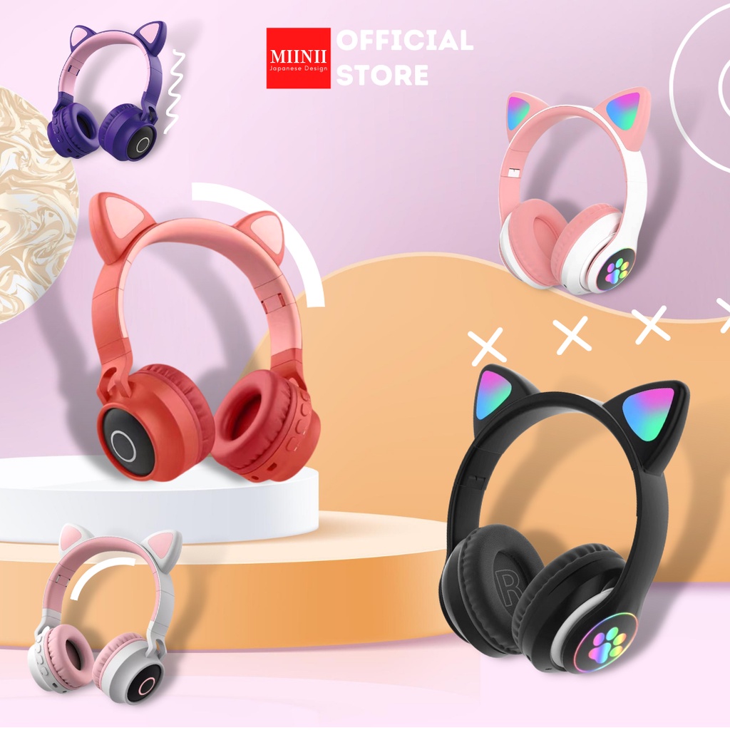 MIINII New 2 Model Earphone BT028C/STN28 Bluetooth Model Kucing Lampu LED Wireless Stereo Bass