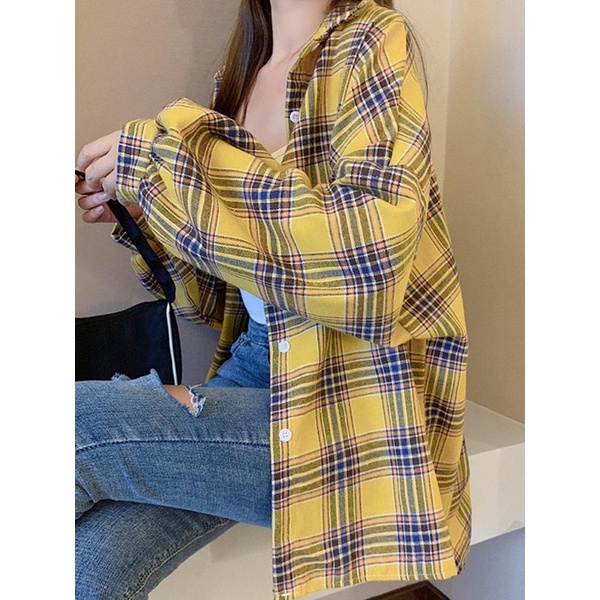 IOS SHOP - Kate Kemeja Katun Impor Casual Wanita Korea Fashion Girls Atasan Lengan Panjang Kotak Kotak-Kuning