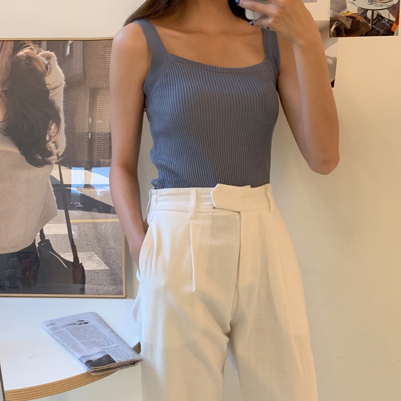 Feminin Tank Top Wanita Pakaian Atasan Tanktop Cewek Korea Rajut Square Neck Inner Wear-6