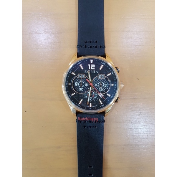 WatchHappy Bonia BNB10393-1532C Men Watch Crono Black Dial Leather Case Rose Gold Original Warranty