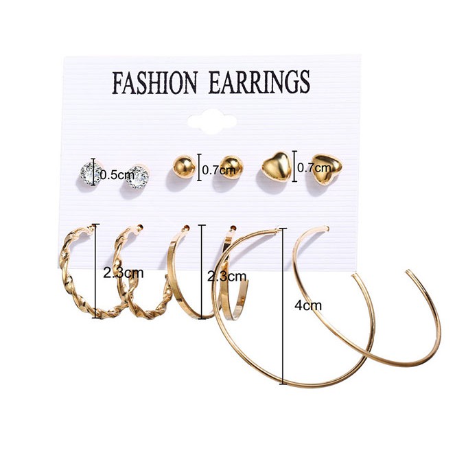 Anting Hoop 6 Pasang / Set Anting Tusuk Korea Mutiara Bulat Hati untuk Wanita Cantik Dalika