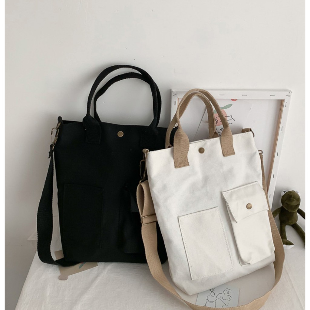 TC-16 tas canvas tote bag wanita import korea jepang simple polos putih hitam