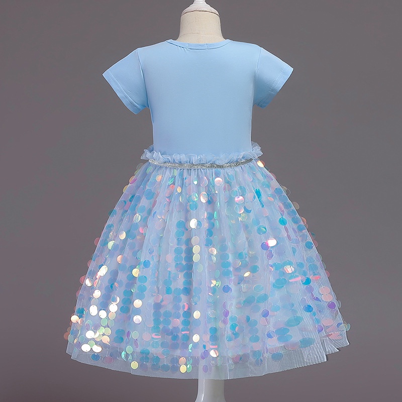 Kids girl Frozen Dress ANAK PEREMPUAN  Payet berkilauan Lengan pendek Frozen Kaos Rok