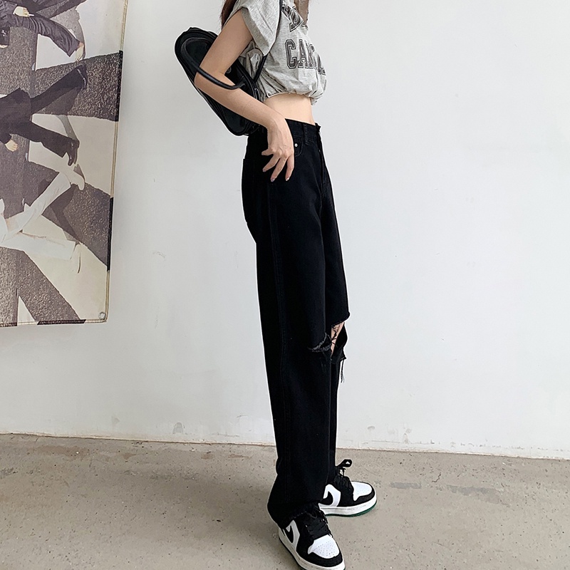 KULOT JEANS WANITA PREMIUM HITAM RIPPED LOOSE SOBEK KOREA CELANA JEANS PANJANG