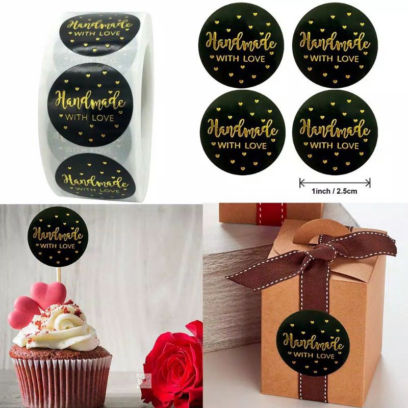 

1 roll 500pcs Label Sticker stiker Kemasan Handmade With Love Black Gold Baking Tools Decoration Segel Packaging Sealer S30 dekorasi hiasan dus box kotak kue topper hangtag hampers amplop bingkisan hantaran