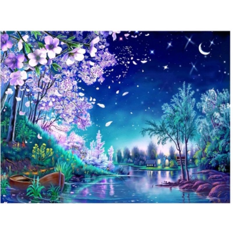 DIY Paket kristik pemandangan danau night sakura cross stitch 11ct 14ct full