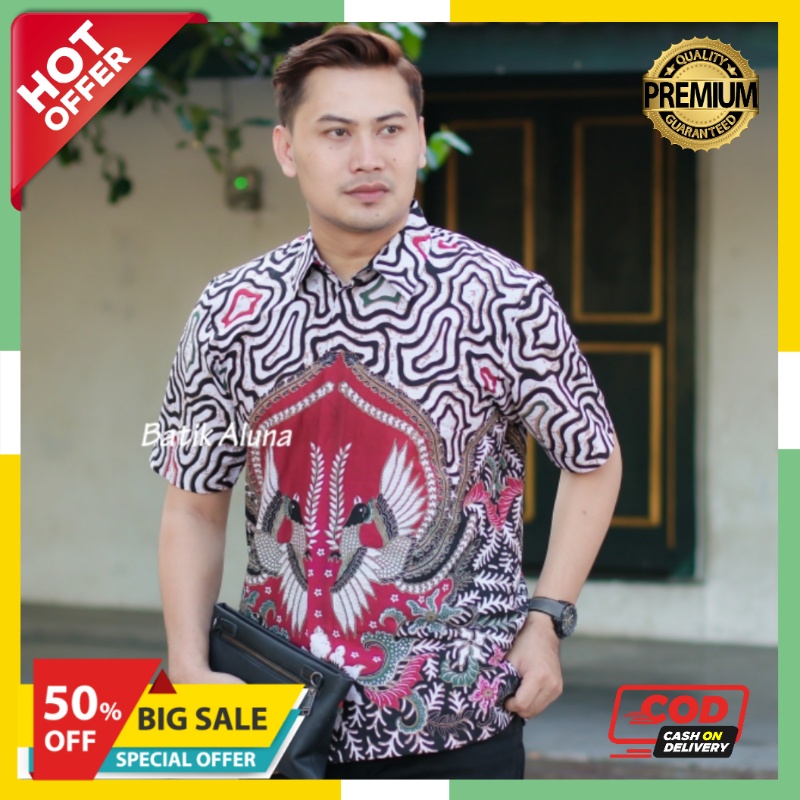 Kemeja Batik Pria Lengan Pendek Lapis Furing Slim fit Modern Aluna Sragen Original Baju Kerja Cowok 