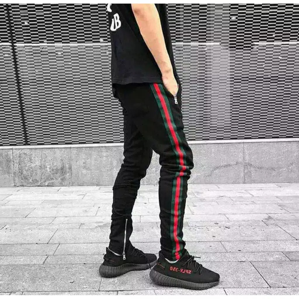 CELANA JOGGER PANTS HYPEBEAST SWEATPANTS TRACKPANTS HYPE STREETWEAR BLACK GREEN RED ZIPPER DOUBLE LIST