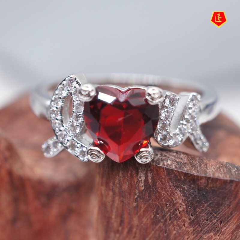 [Ready Stock]I Love U Heart-Shaped Red Rhinestone Ring 925 Silver Female