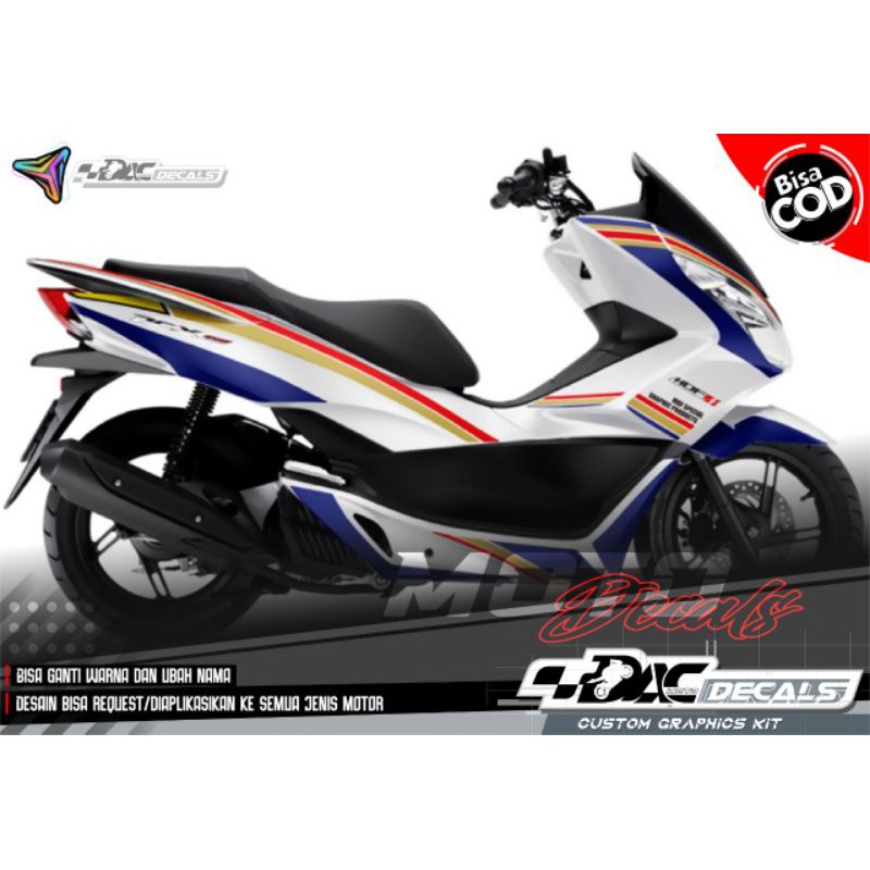 sticker decal full body Honda PCX 150 putih list orens biru