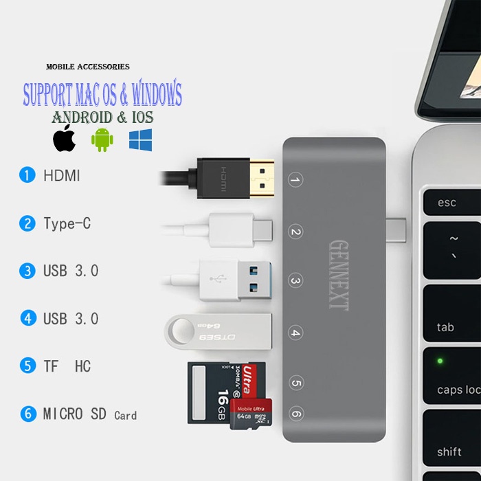 FA GENNEXT HUB 6in1 Adapter Type C USB Macbook Multi Laptop ipad pro