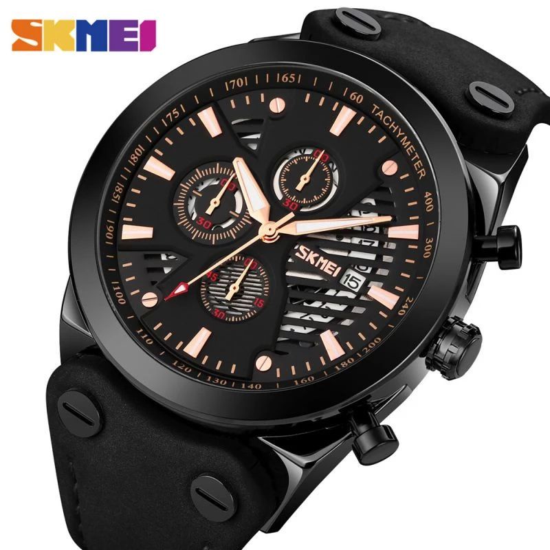 SKMEI 9282 Jam Tangan Pria Analog Chronograph Tali Kulit WATCHKITE WKOS