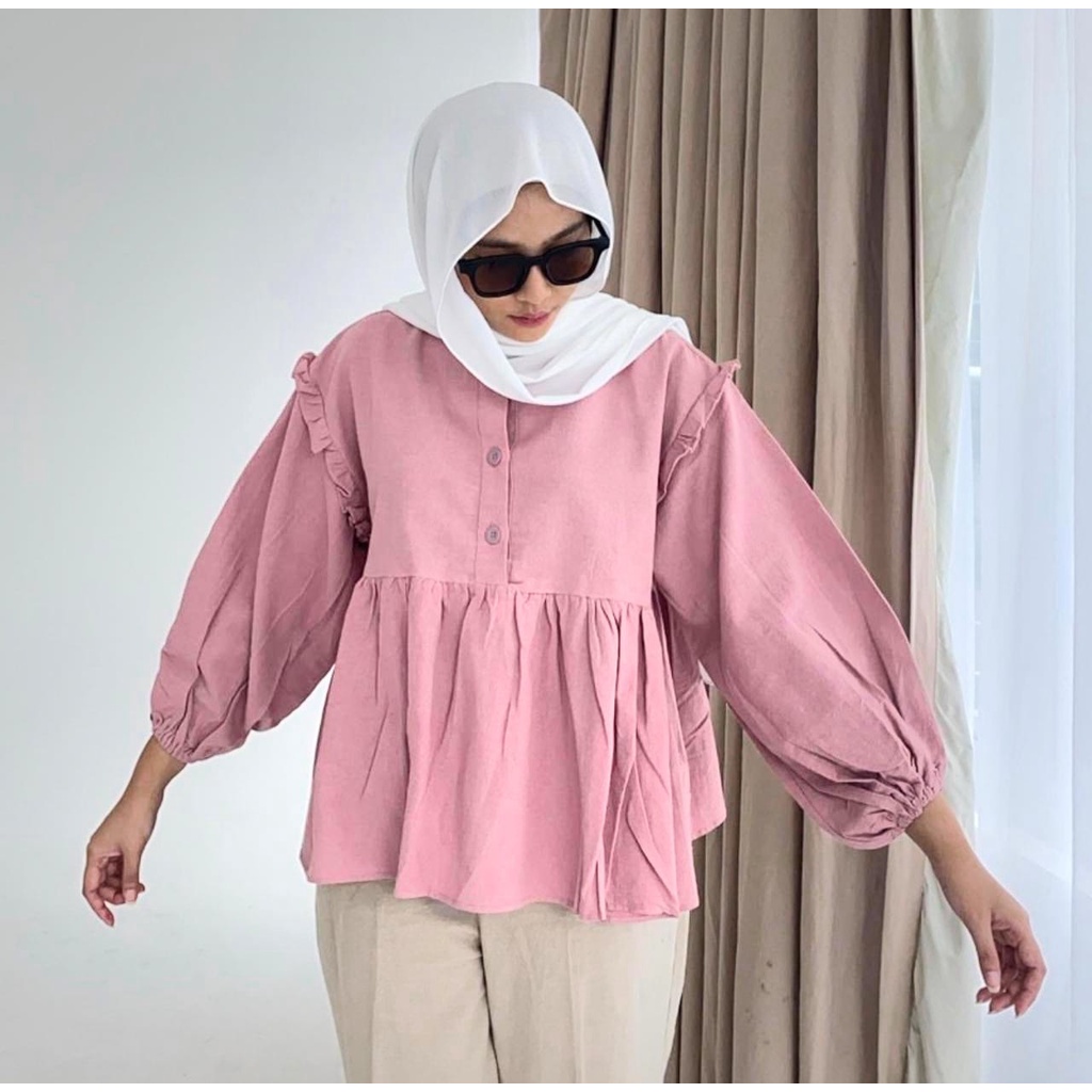 VS - Kemeja Blouse Lengan Balon KINAN Blouse Kancing Depan Katun Premium Kerah Bulat Banyak Variasi