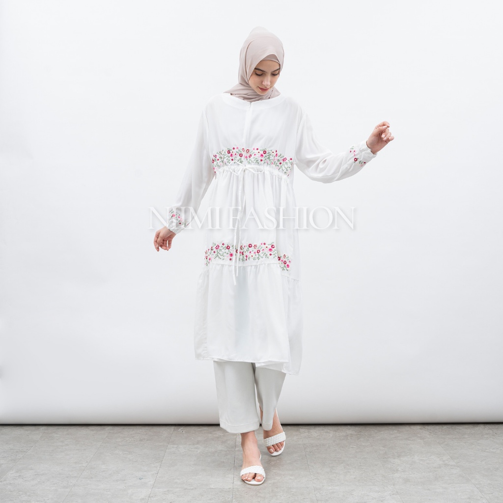 NIMI - Namira Dres Midi Dress Putih Bordir Tunik Putih Premium